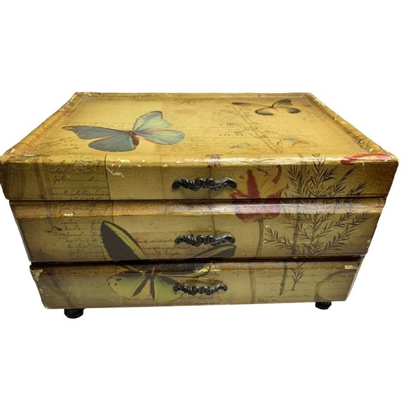 Decoupaged w/butterflies Wood Box with Drawer 10 1/2” x 7 1/4” x 6 1/2”Lined - Picture 8 of 12
